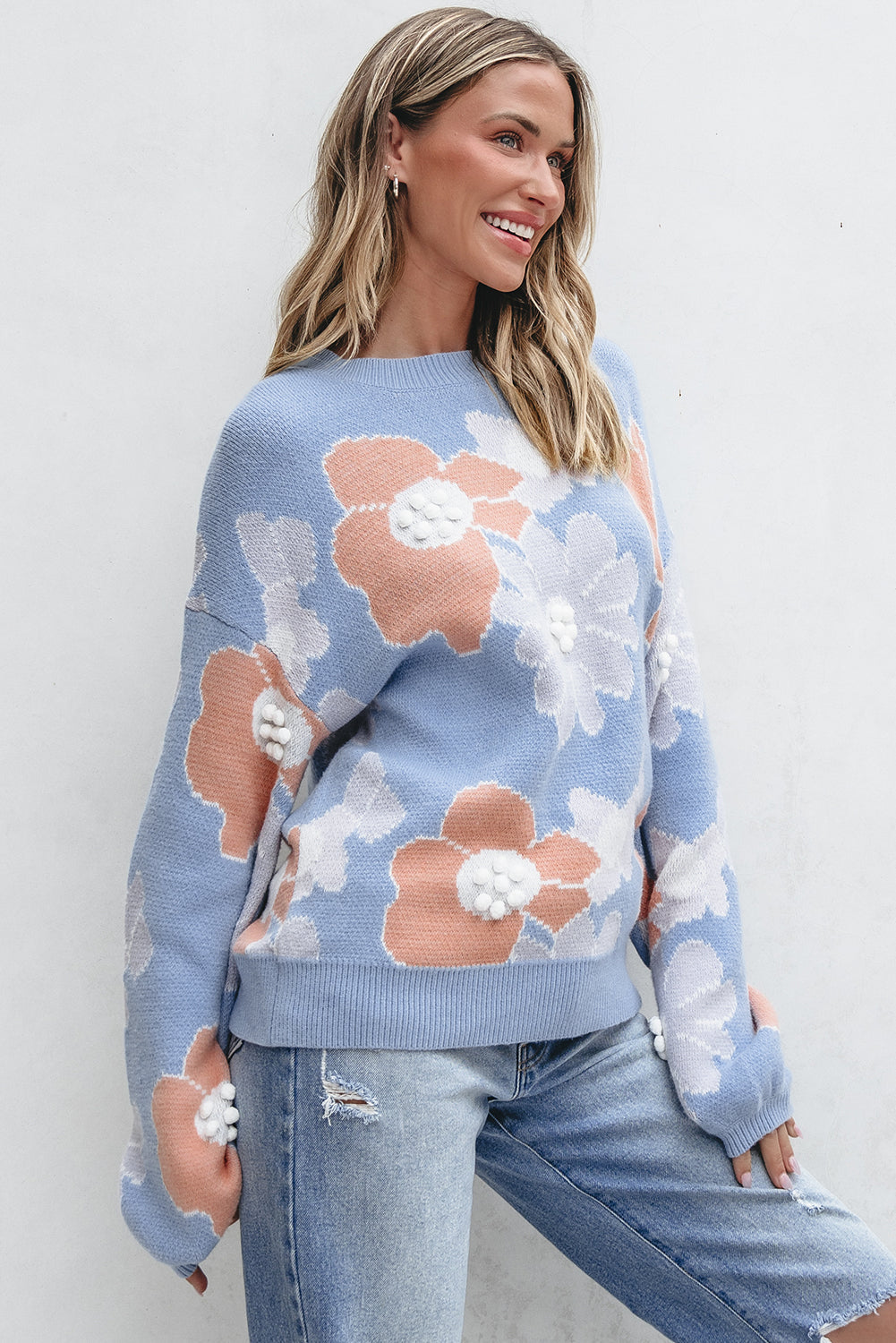 Beau Blue Floral O Neck Drop Shoulder Knitted Sweater eAura