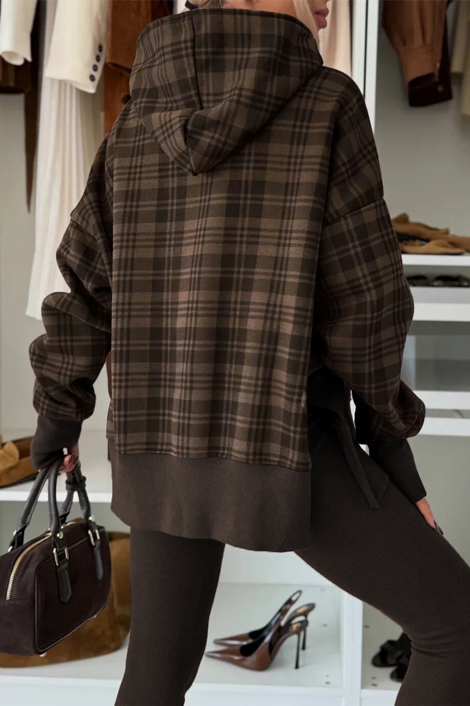 Plaid Patchwork Side Slit Sweatshirt - eAura