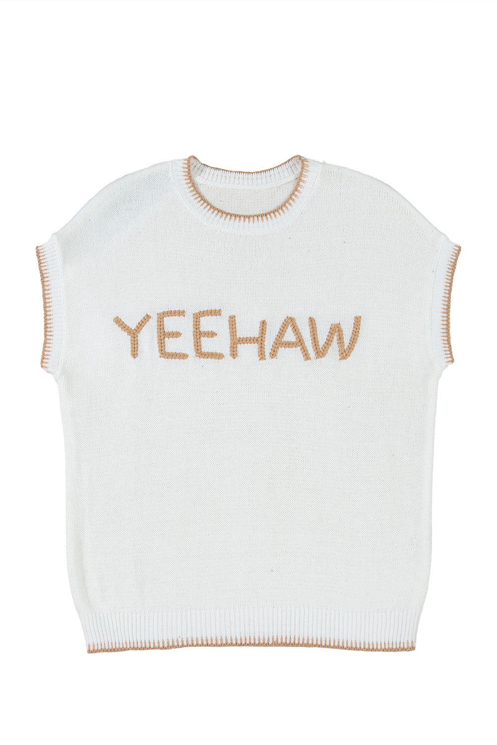White Knit YEEHAW Stitch Edge Crew Neck Sweater T Shirt eAura