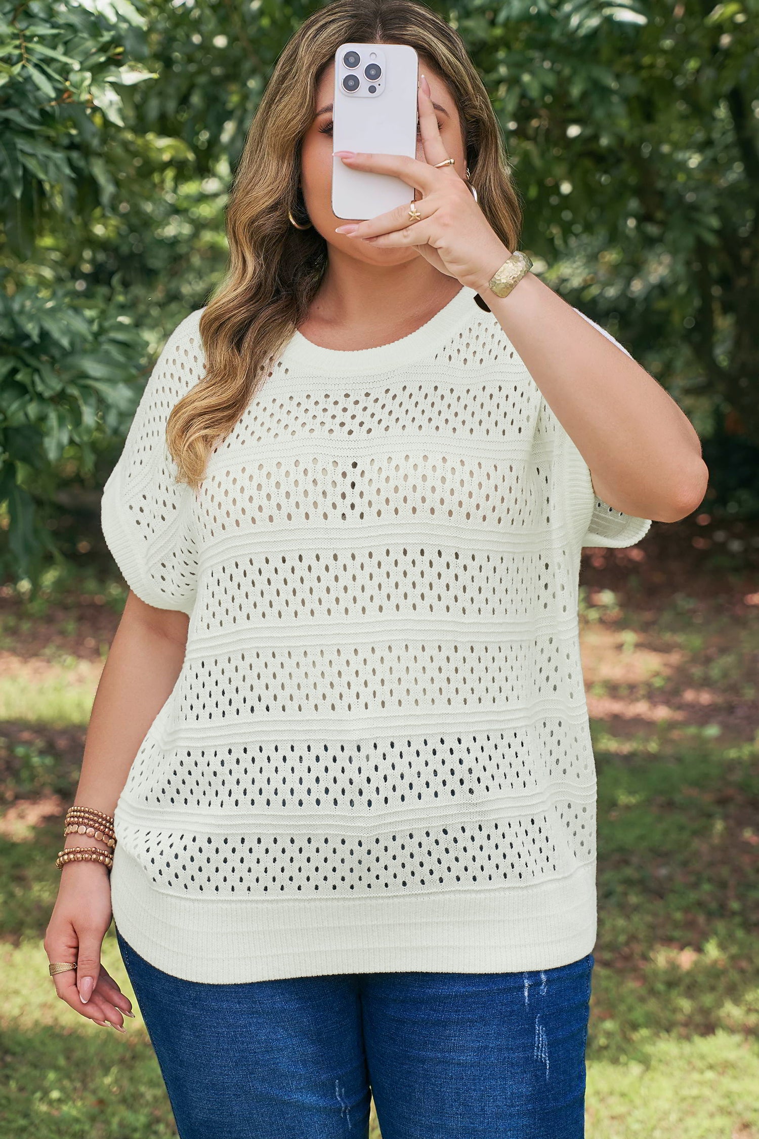 Plus Size Eyelet Hollow-Out Knit Dolman Short Sleeve Sweater