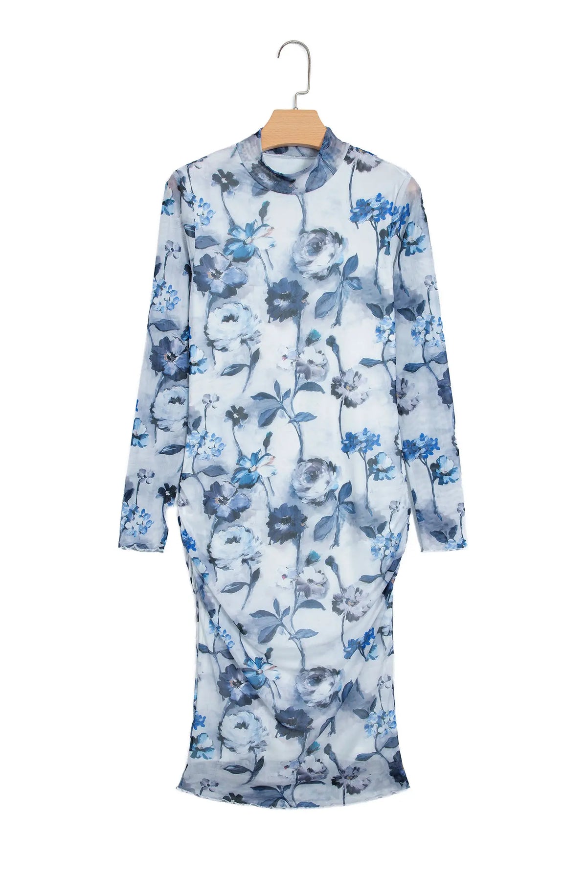 Sky Blue Floral Print Sheath Elegant Long Sleeve Dress – Light Blue