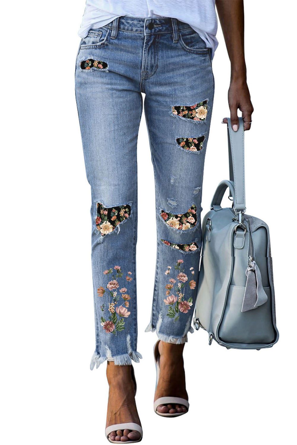 Sky Blue Printed Patch Ripped Skinny Jeans Beagle Boutique Fashion Outlet