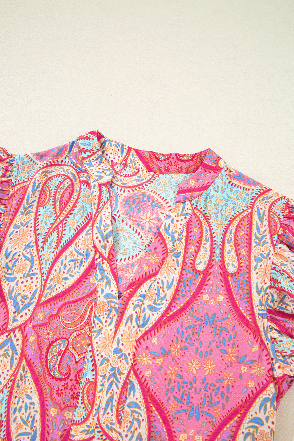 Rose Tribal Paisley Print Ruffled Sleeve Notch Neck Midi Dress eAura