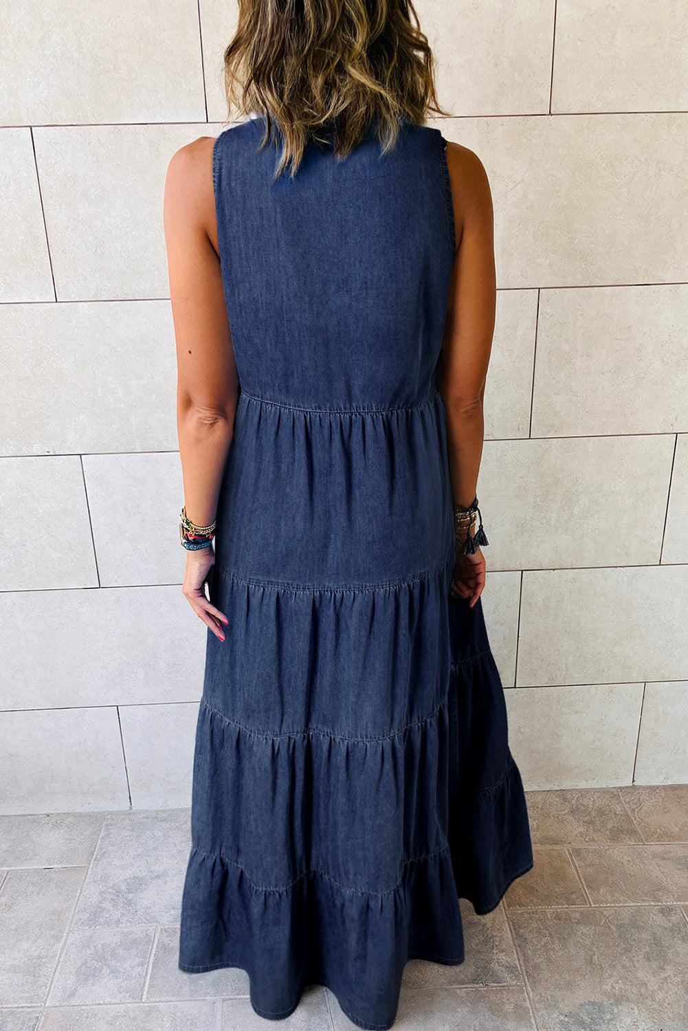 Real Teal Sleeveless Tiered Chambray Maxi Dress BB Fashion Outlet