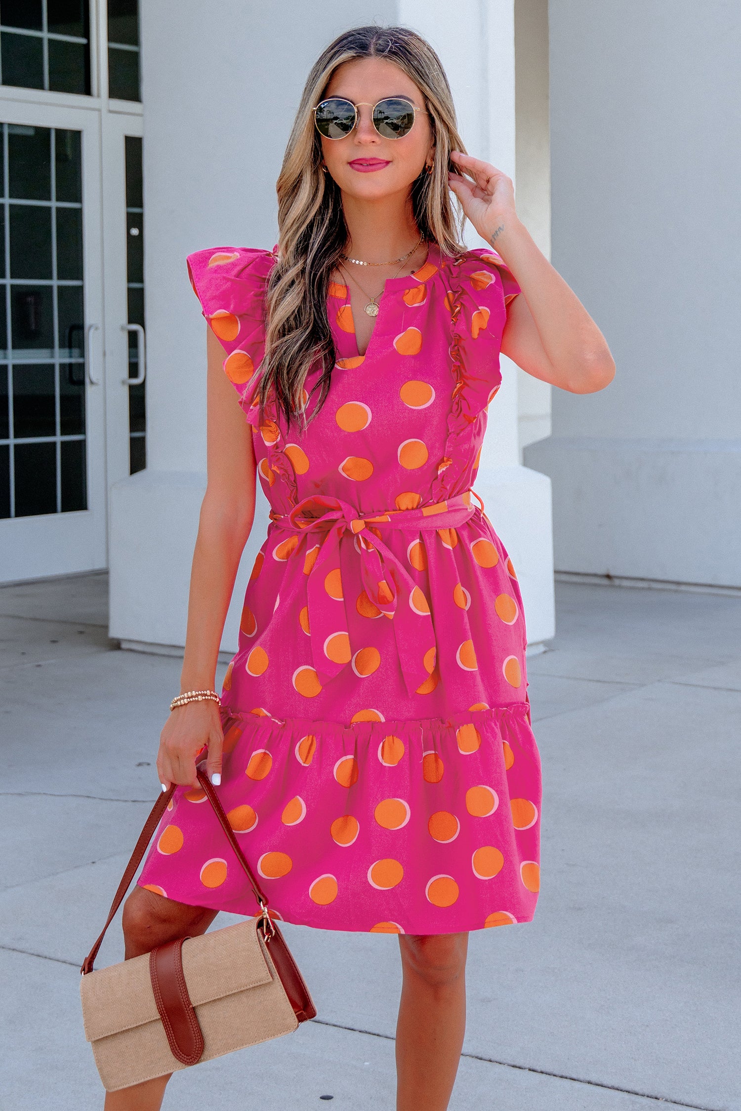 Polka Dot V Neck Ruffled Short Sleeve Mini Dress