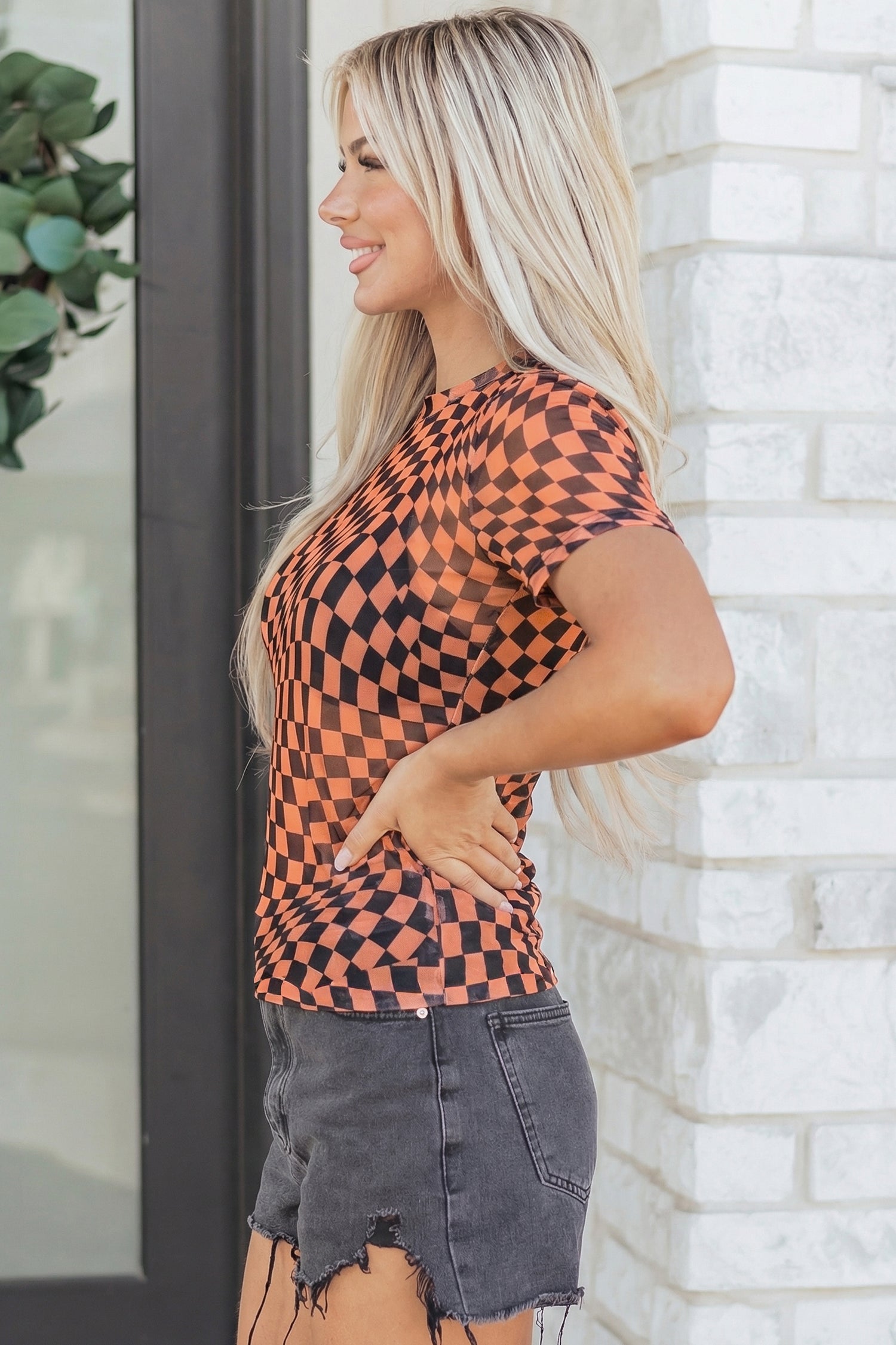 Checkered Print Crew Neck Mesh T-Shirt – Orange, Khaki, Black & Purple