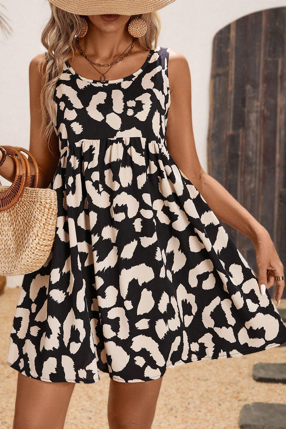 Black Leopard Print U Neck Sleeveless High Waist Dress eAura
