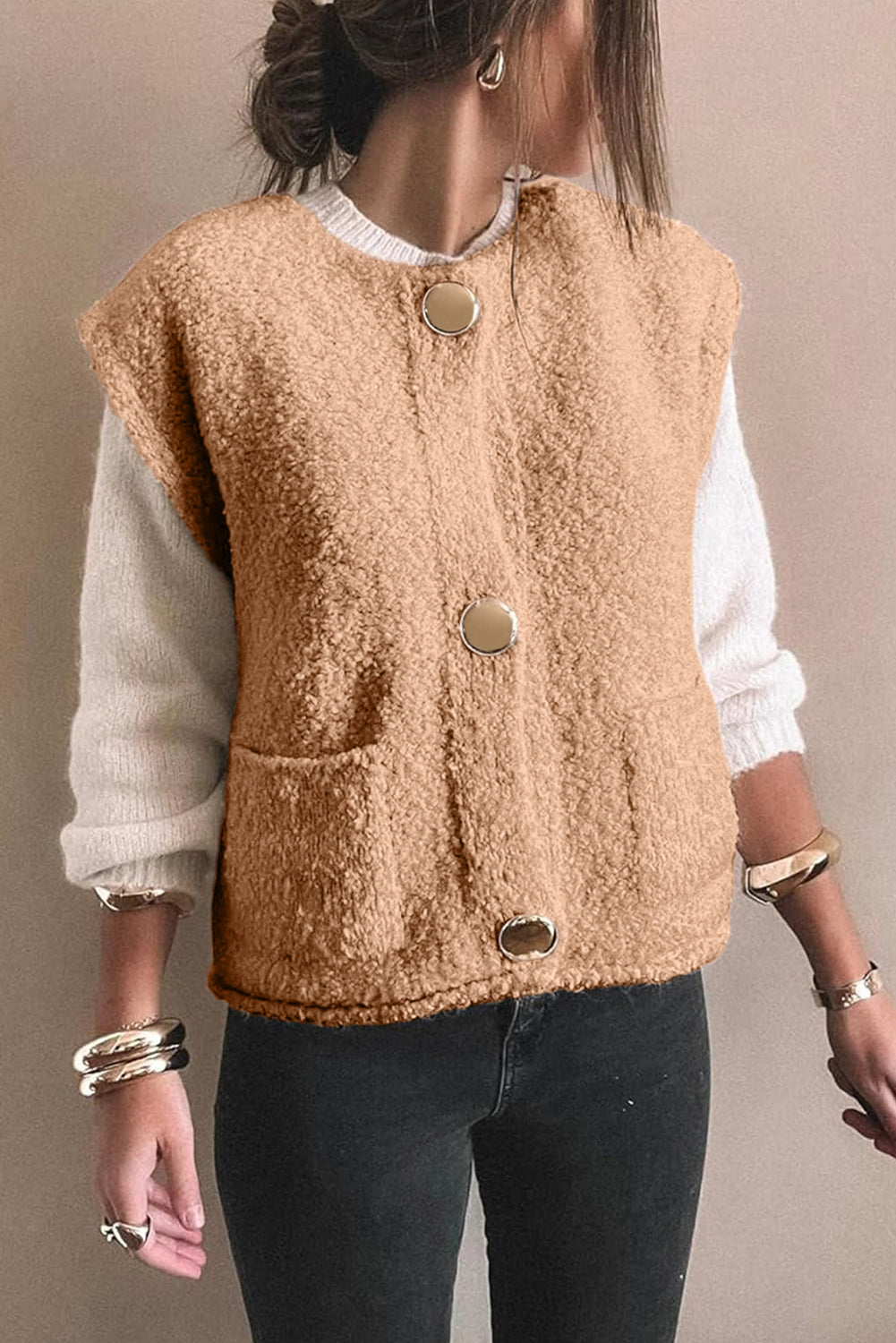 Big Button Accent Fuzzy Pocket Vest – Light French Beige
