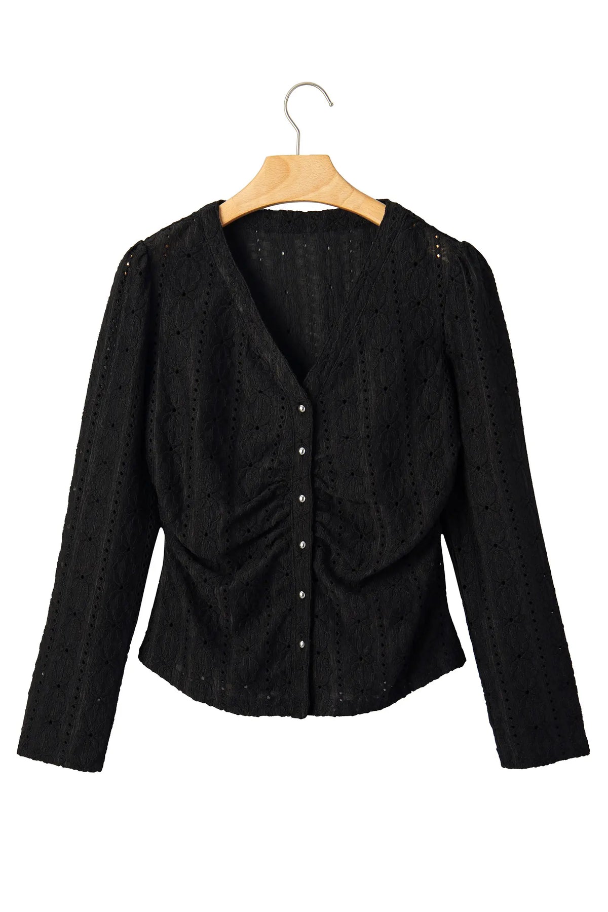 V Neck Floral Knit Long Sleeve Button Front Fit Blouse – Black