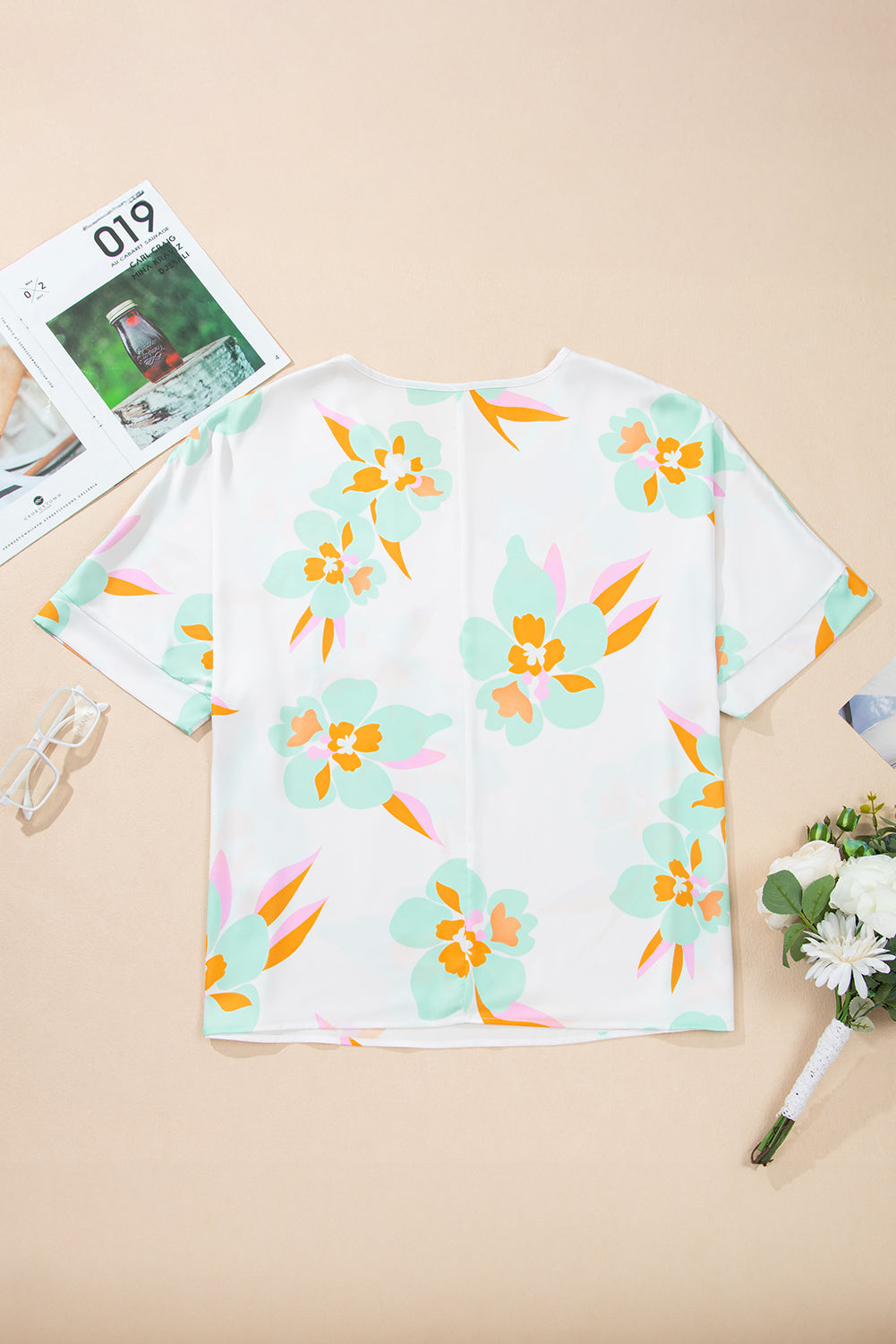 Green Floral Print Loose Fit V Neck Half Sleeve Blouse eAura