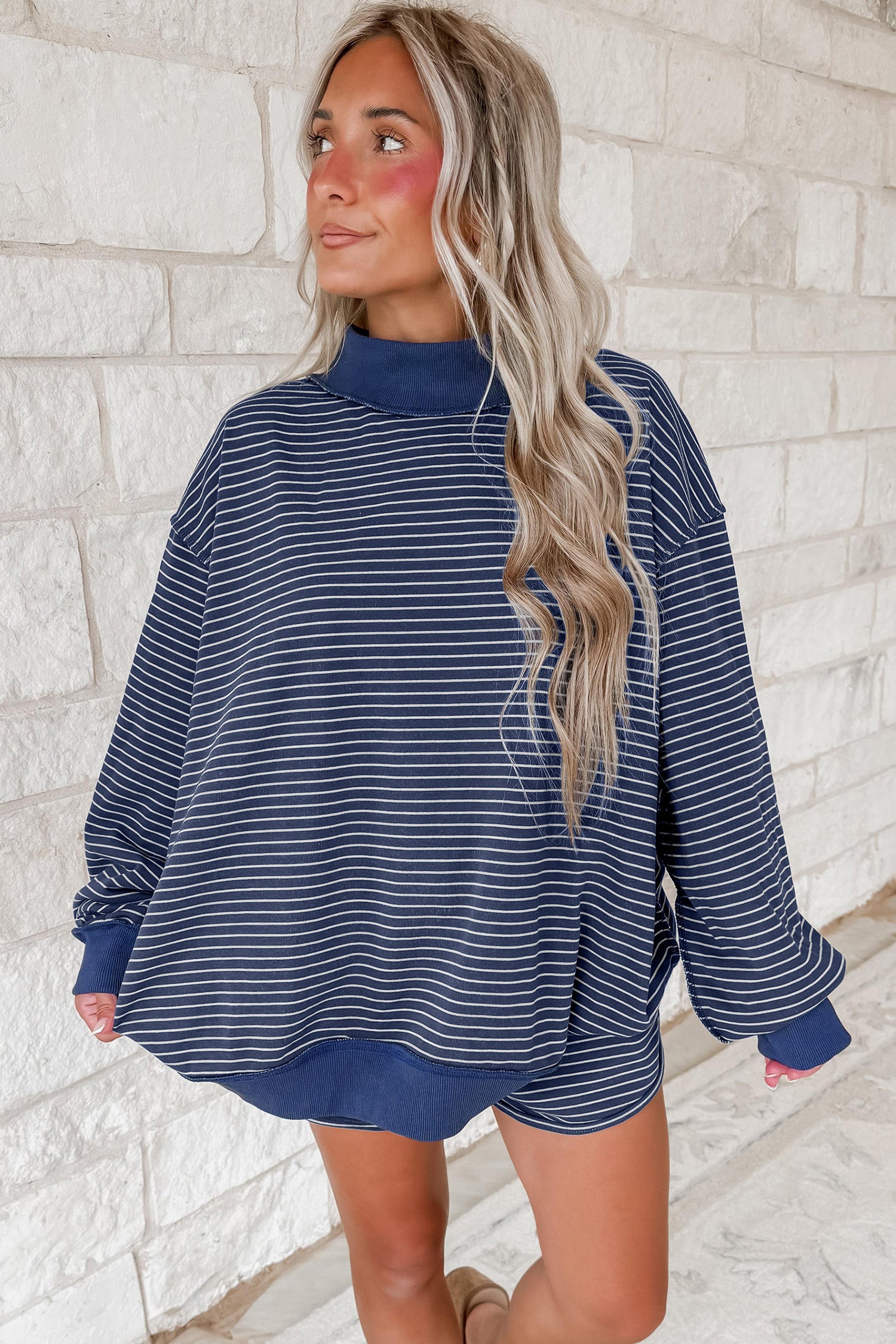 Ribbed Patchwork Mock Neck Baggy Pullover Matching Shorts Set – Blue Stripe