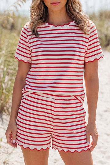 Scallop Trim Casual Top 2pcs Short Set – Red Stripe