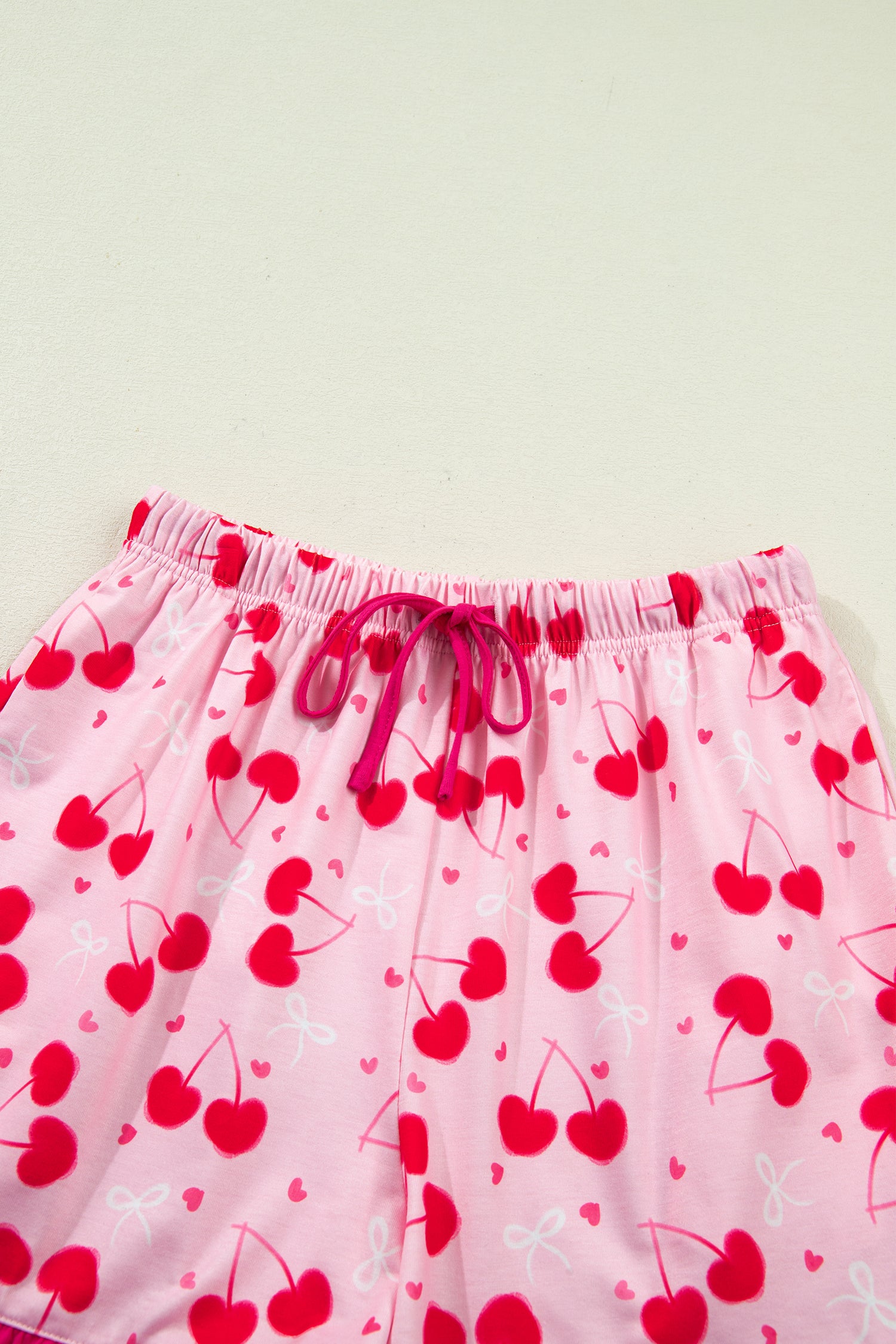 Cherry Bow Mixed Print Scalloped Edge Short Pajama Set – Rose