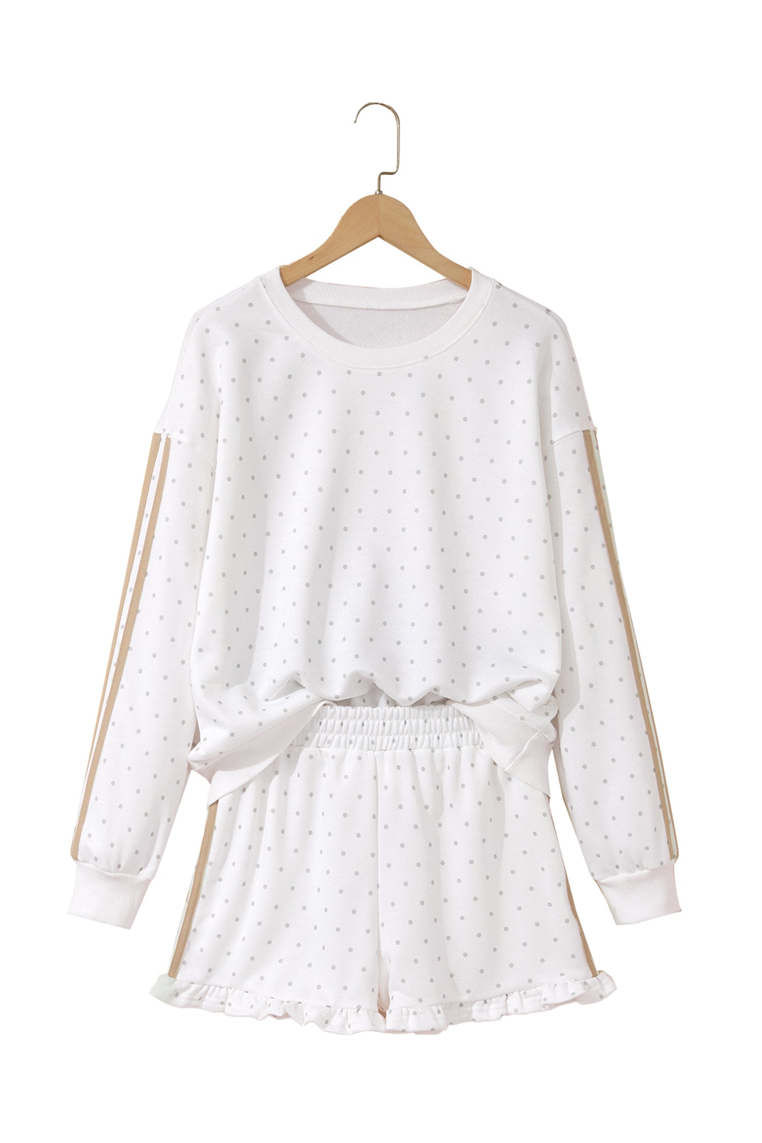 Polka Dot Print Side Stripe Detail Casual Sweatshirt 2pcs Short Set – White
