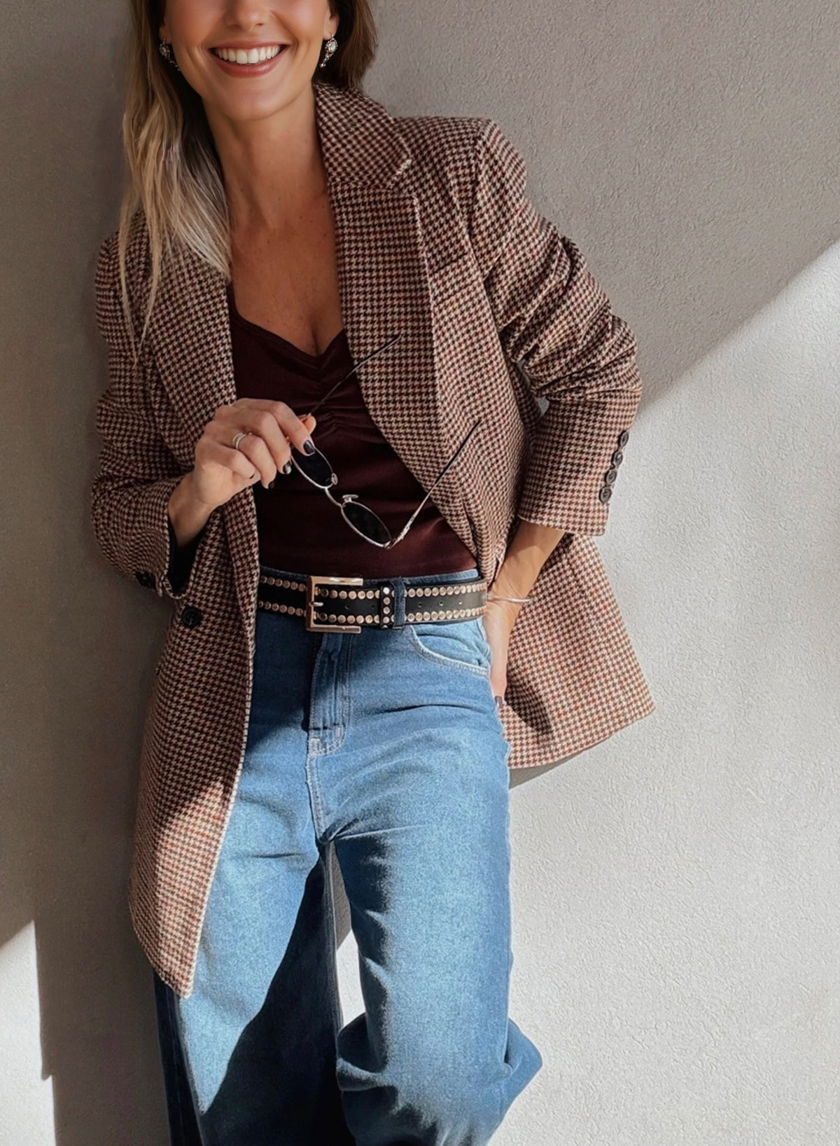 Brown Houndstooth Lapel Collar Blazer Dear-Lover Dropshipping