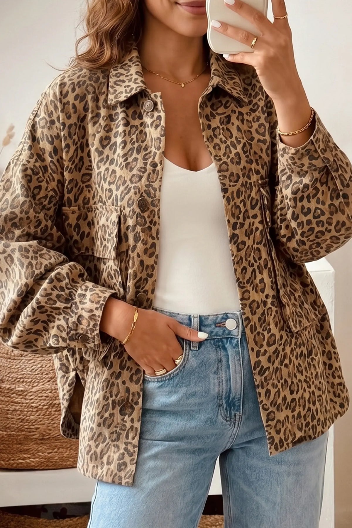 Leopard Print Collar Long Sleeve Patch Pocket Shift Denim Jacket – Khaki