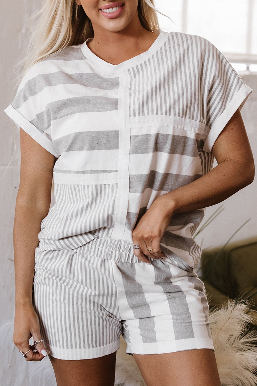 Grey Stripe Mixed Print Short Sleeve Top and Pocketed Shorts Set eAura
