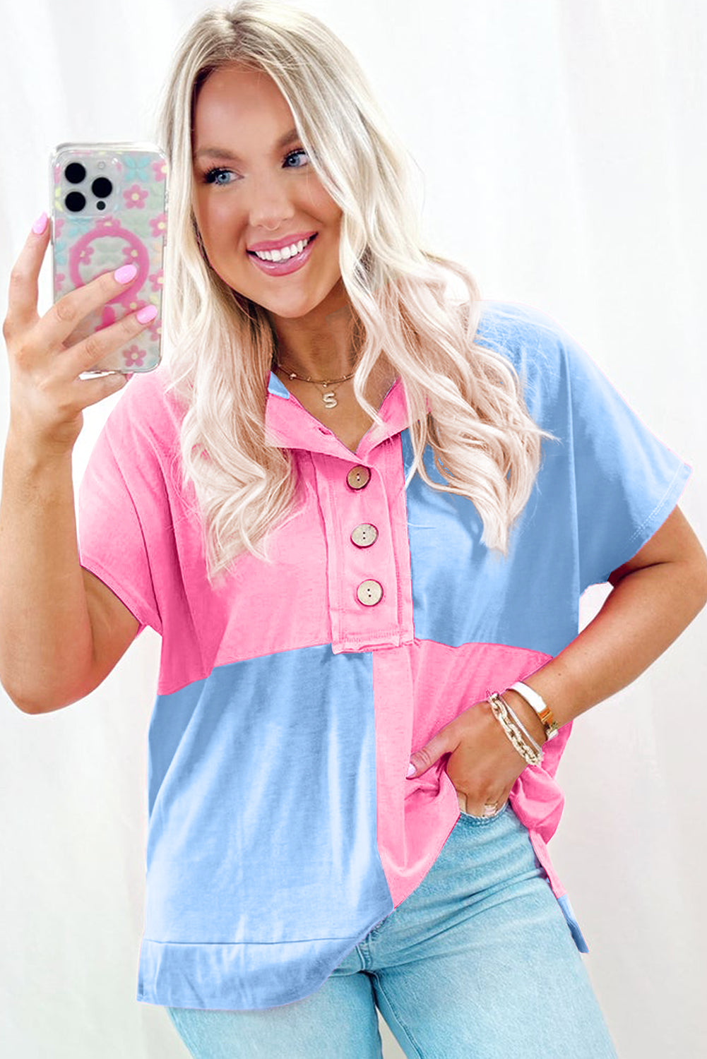Myosotis Two Tone Half Buttons Collared T Shirt eAura
