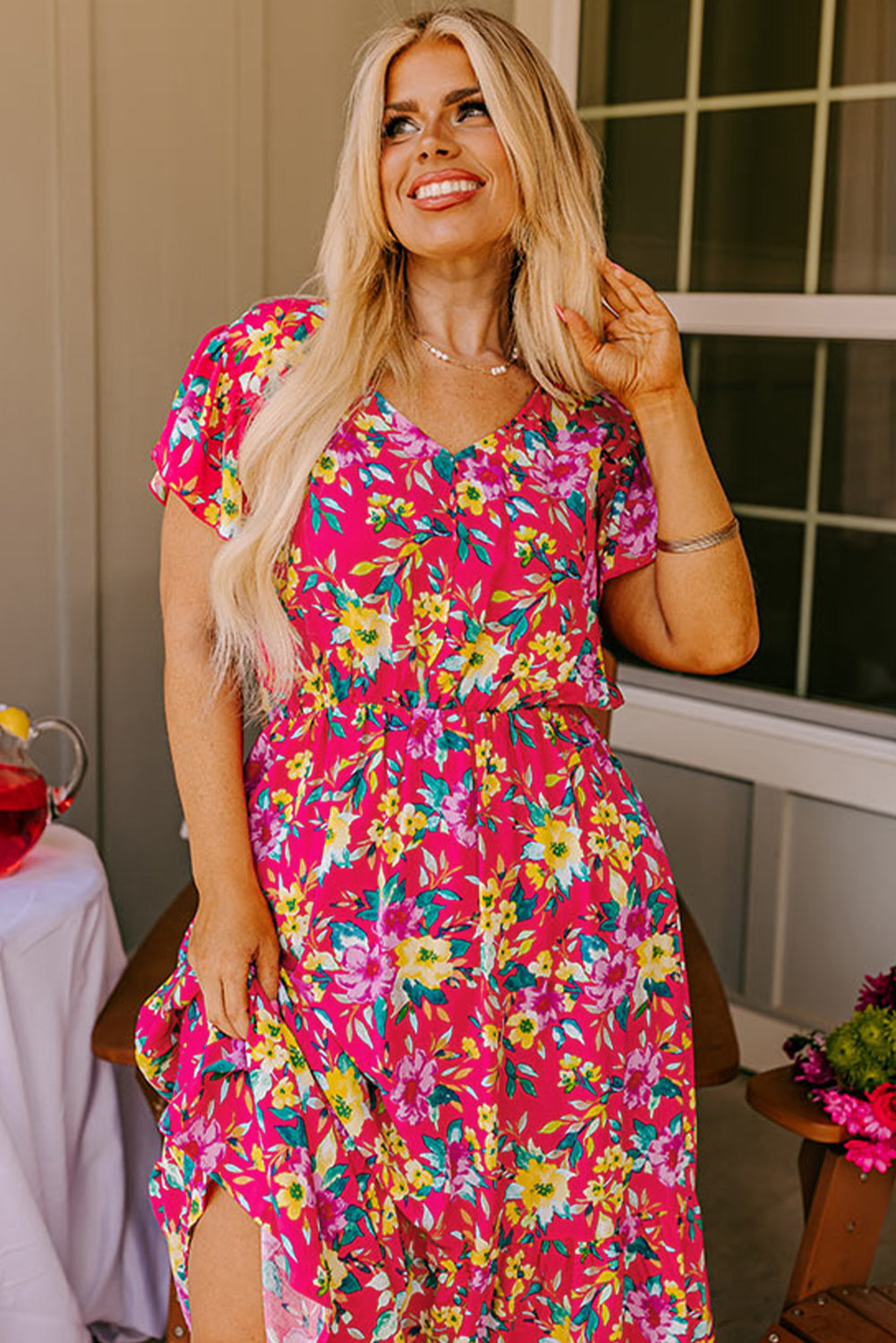 Pink Floral Print V Neck Pocketed High Waist Plus Size Midi Dress BB Fashion Outlet