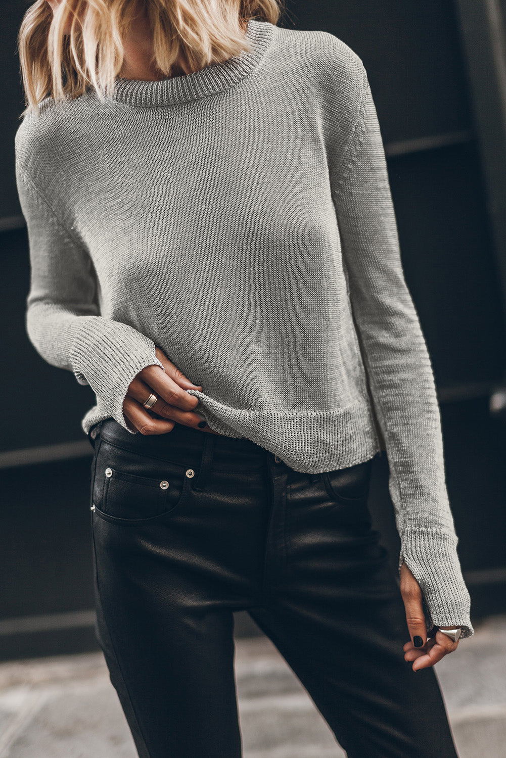 Grey Solid Colour Thumbhole Sleeve Ribbed Edge Sweater eAura