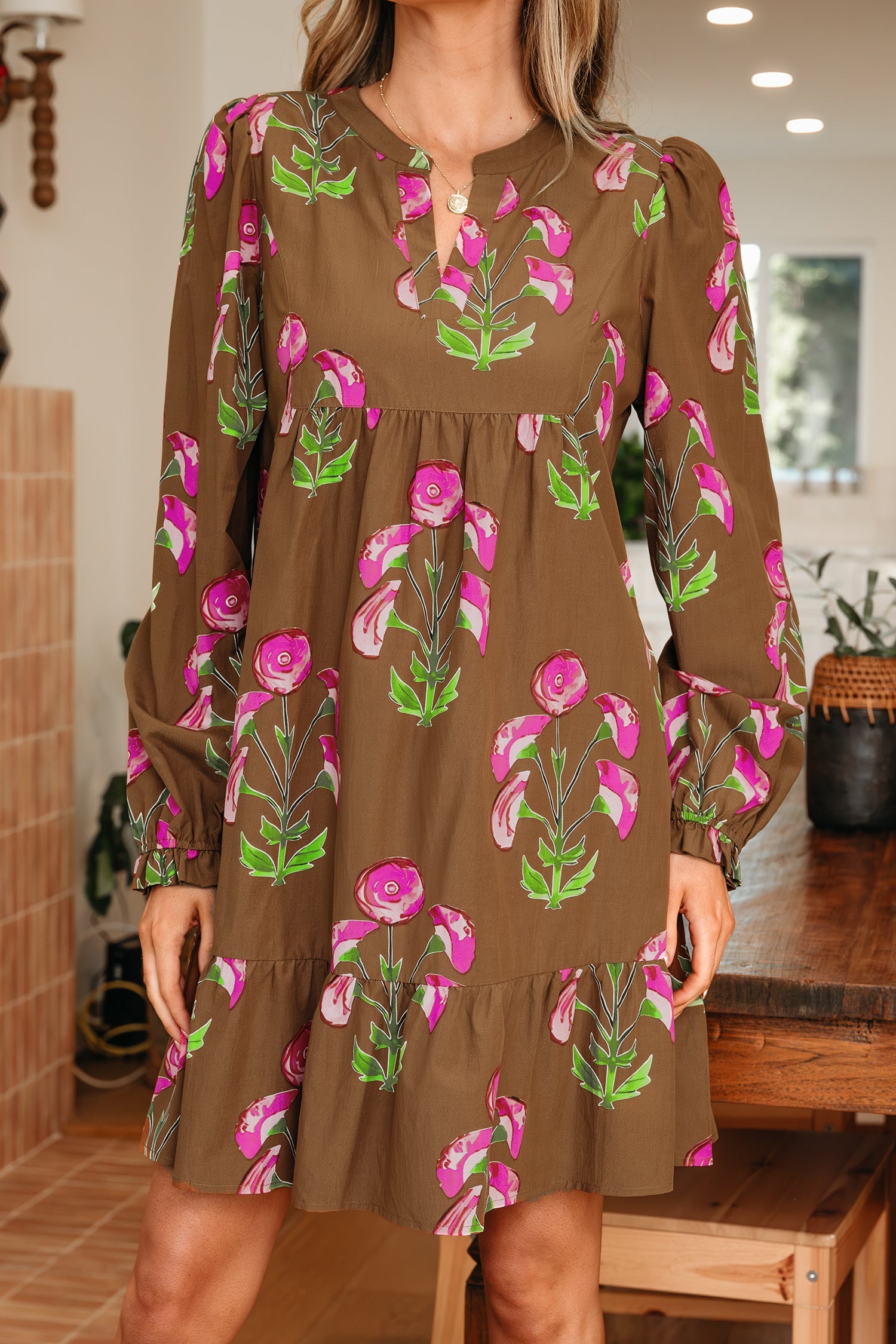 Brown Contrast Floral Print Babydoll Tunic Ruffled Hem Puff Sleeve Dress - Dresses/Floral Dresses