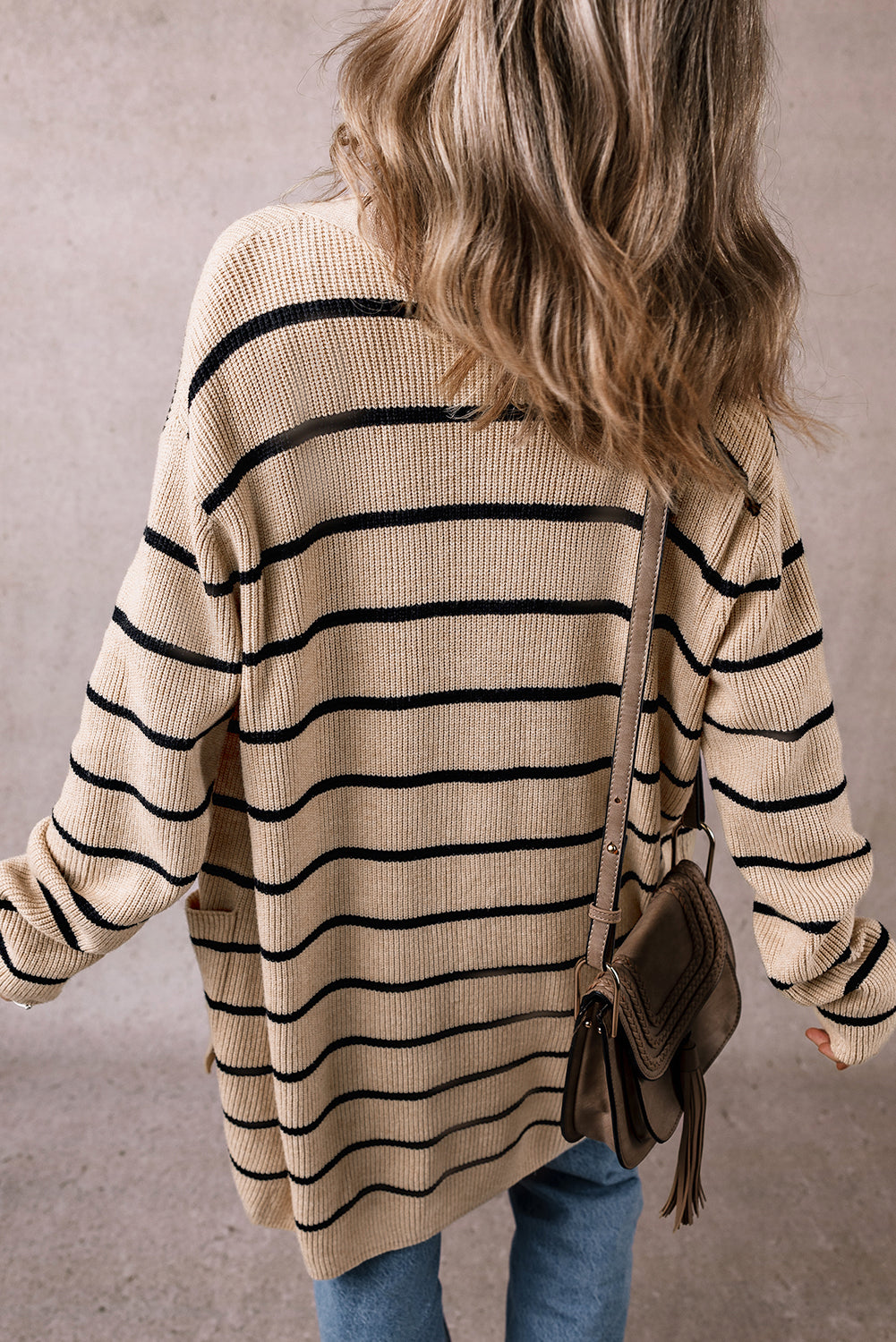 Black Stripe Shawl Neckline Open Cardigan with Pockets eAura