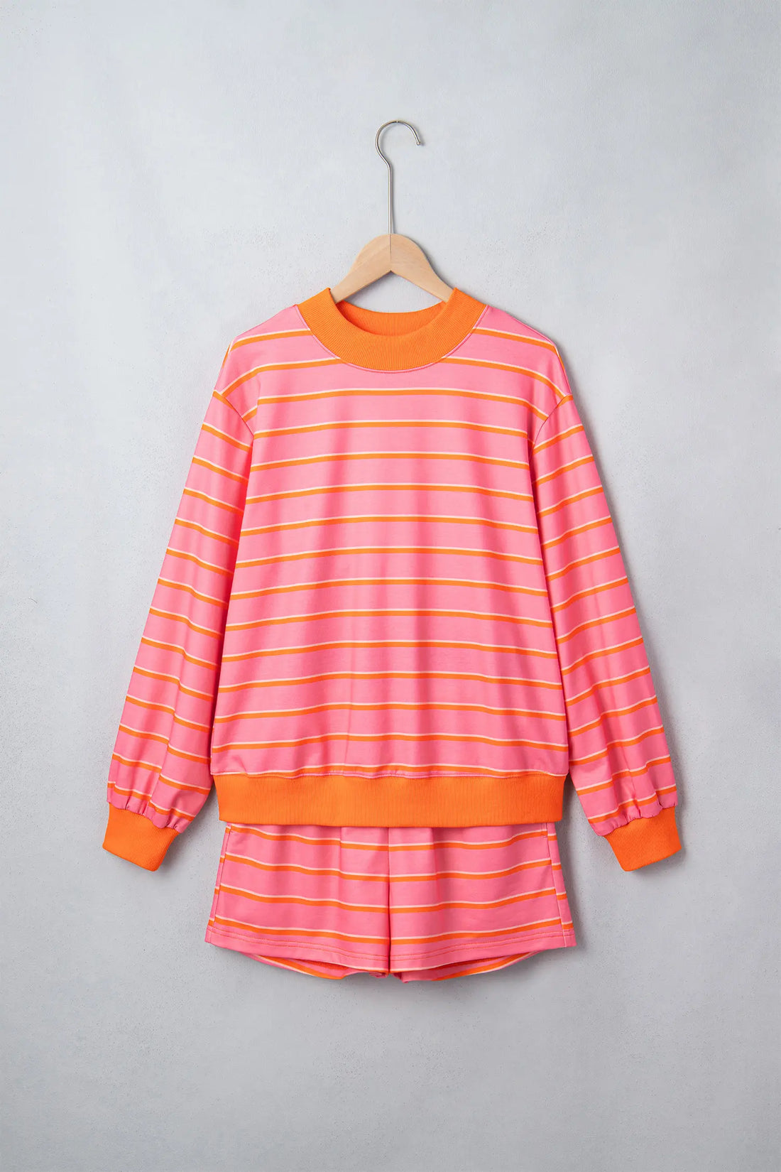 Colour Block Trim Long Sleeve Pullover Pocketed Shorts 2pcs Set – Rose Stripe