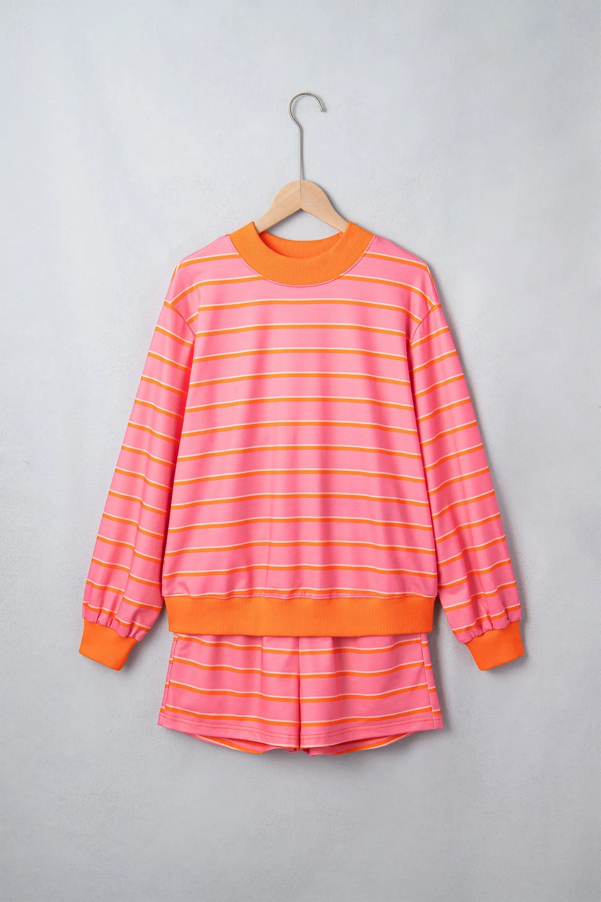 Colour Block Trim Long Sleeve Pullover Pocketed Shorts 2pcs Set – Rose Stripe