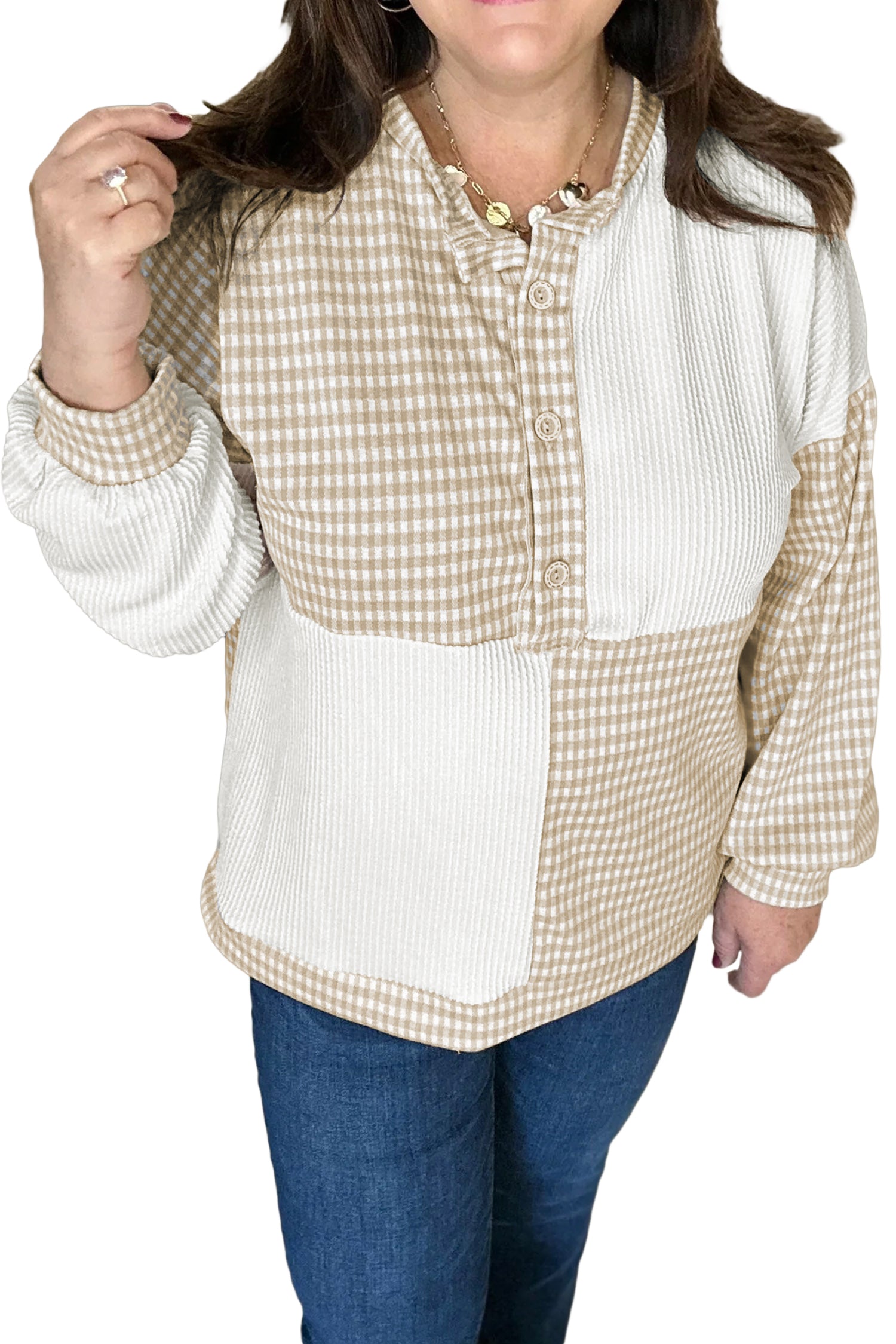 Patchwork Checkered Long Sleeve Round Neck Plus Size Blouse – Khaki