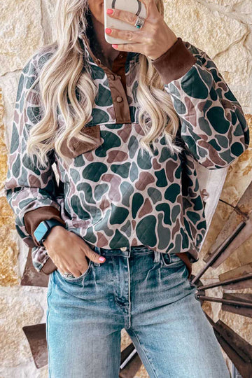 Retro Camouflage Pattern Color Block Detail Button Pullover Sweatshirt – Multicolour