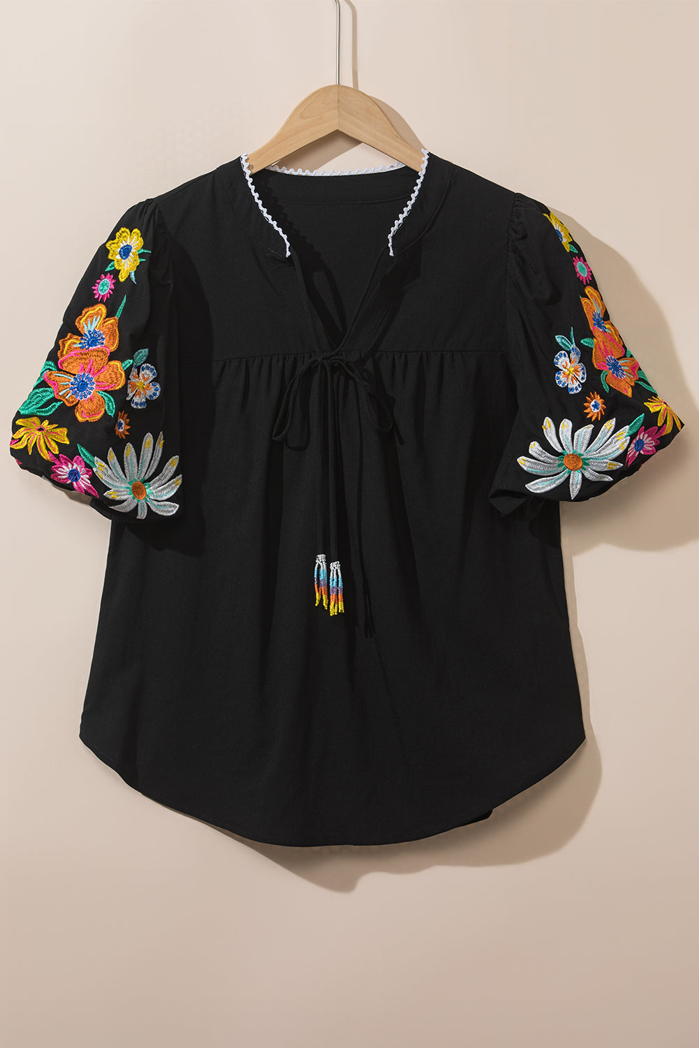 Pink Floral Embroidered Puff Sleeve Split Neck Blouse eAura