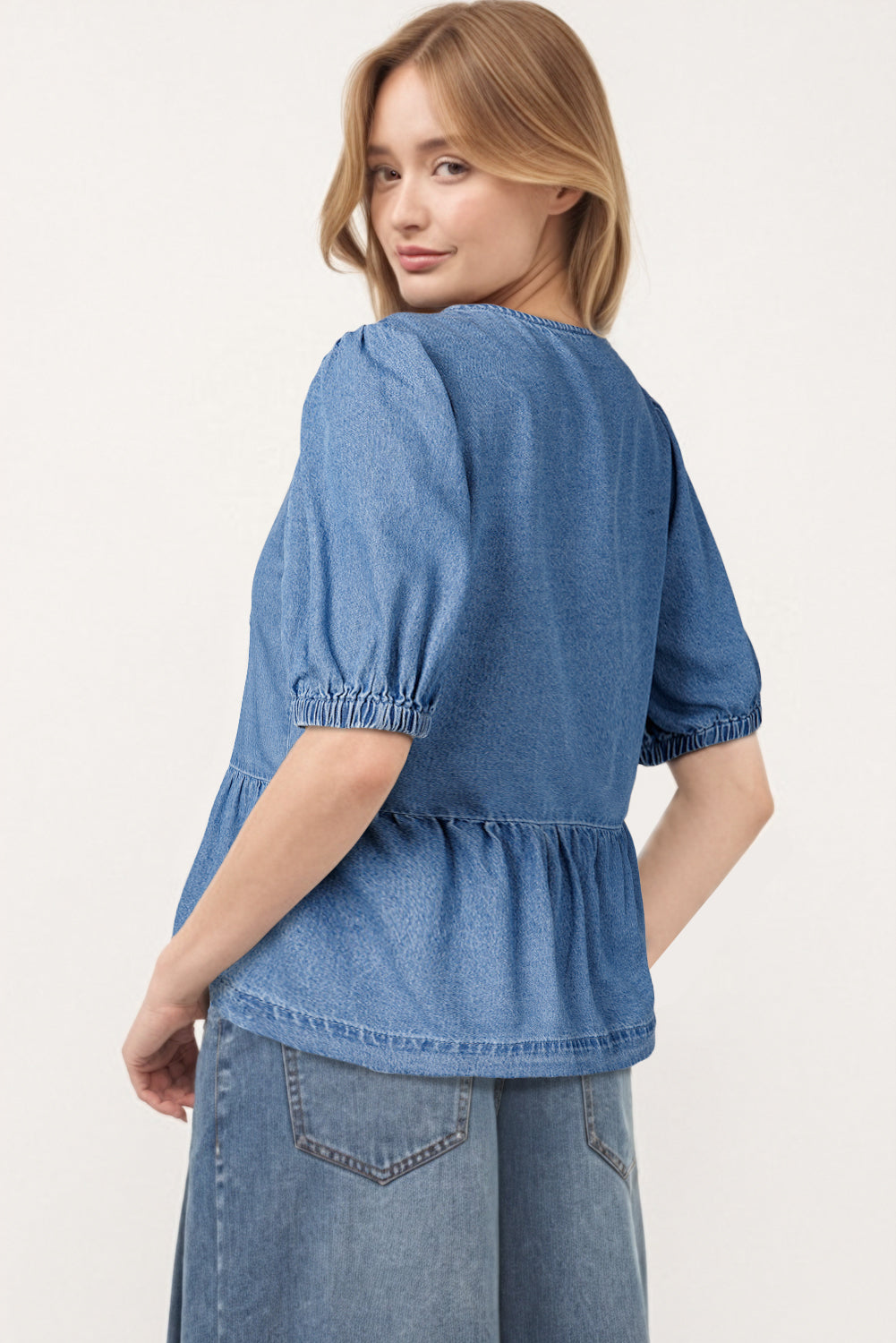 Dusk Blue Tied Front Bubble Sleeve Peplum Denim Shirt eAura
