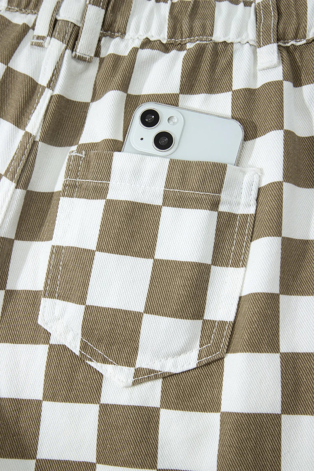 Checkered Print Denim Barrel Pants – White