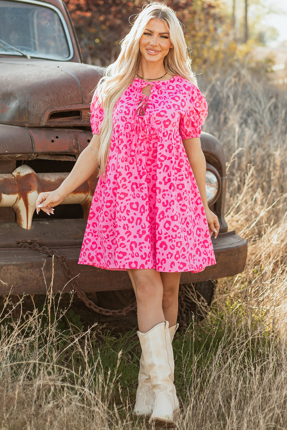 Rose Leopard Puff Sleeve Tie Front High Waist Mini Dress eAura