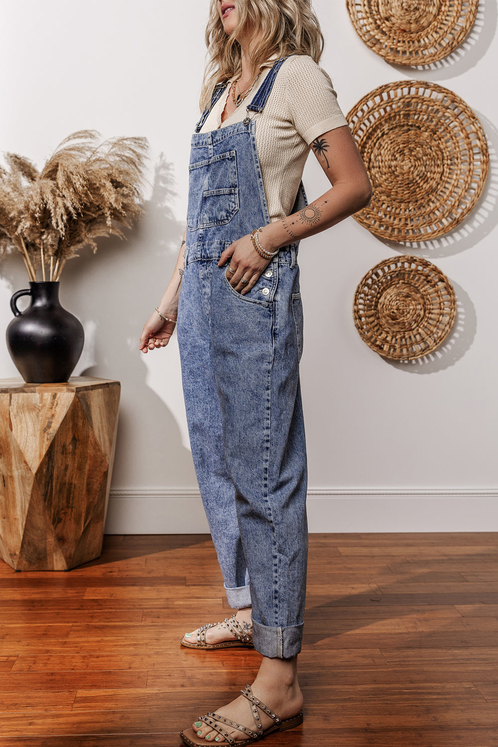 Sail Blue Denim Bib Straight Leg Jumpsuit with Pockets eAura