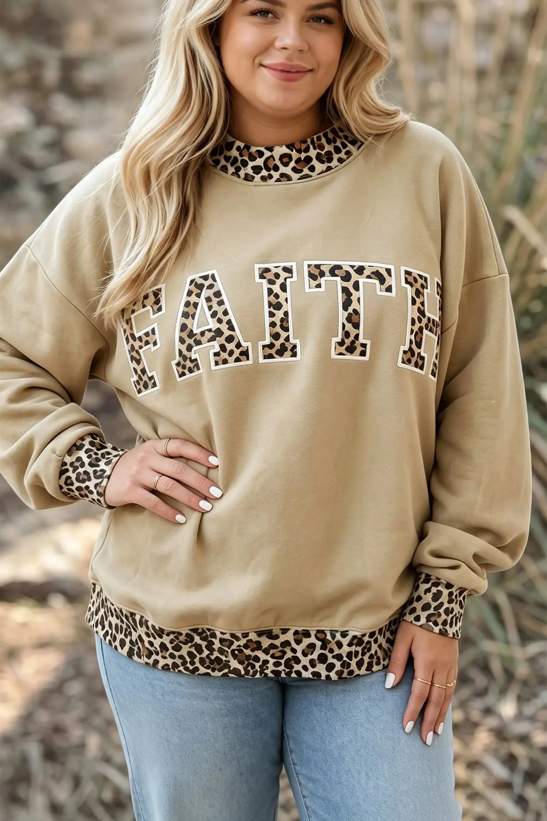 Plus Size Leopard Trim Mock Neck FAITH Graphic Sweatshirt