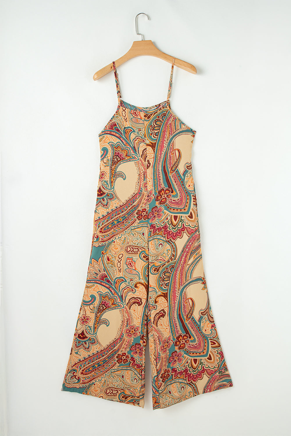 Red Paisley Printed Spaghetti Straps Elegant Wide Leg Jumpsuit eAura