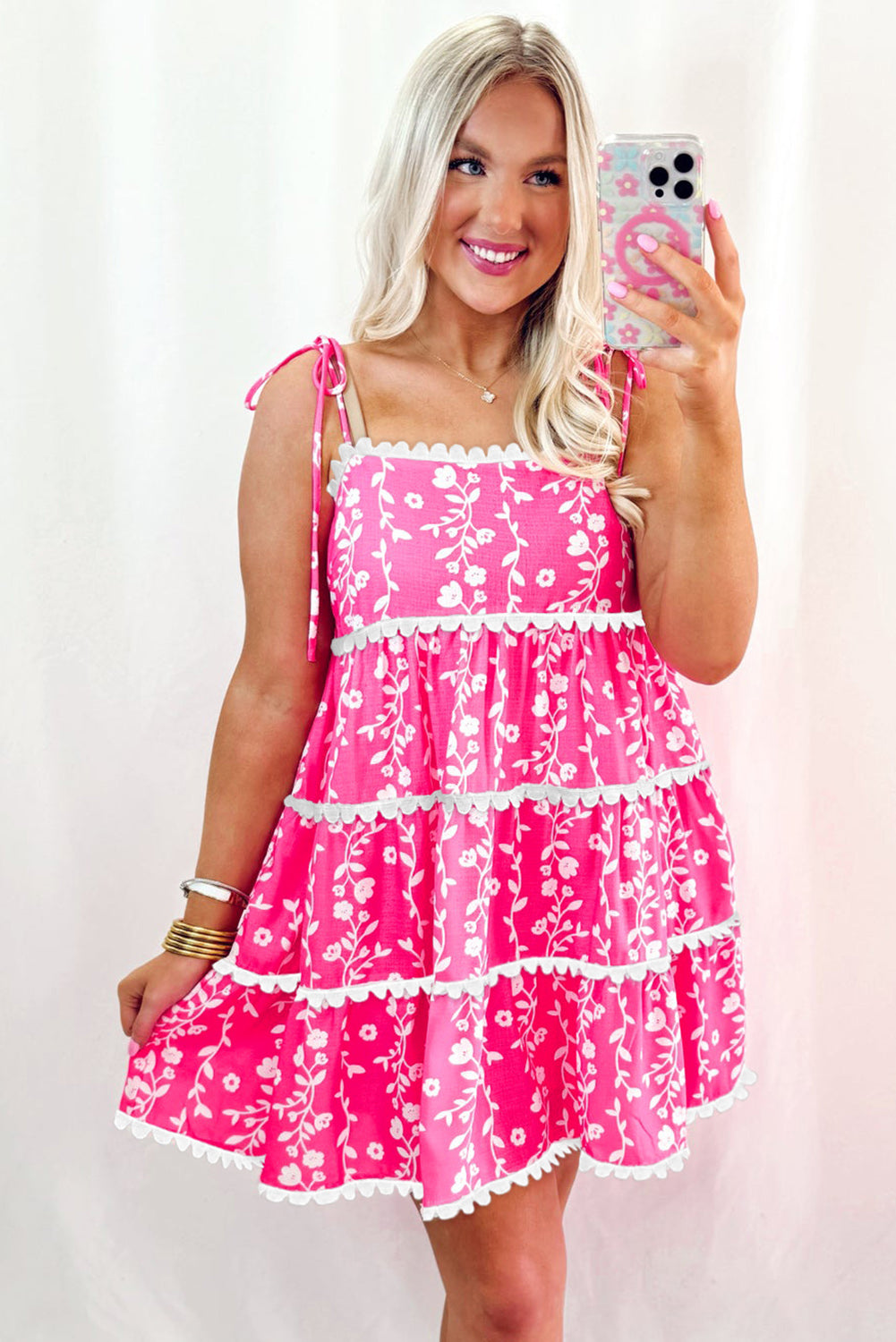 Pink Floral Print Ric Rac Patched Sleeveless Mini Dress eAura