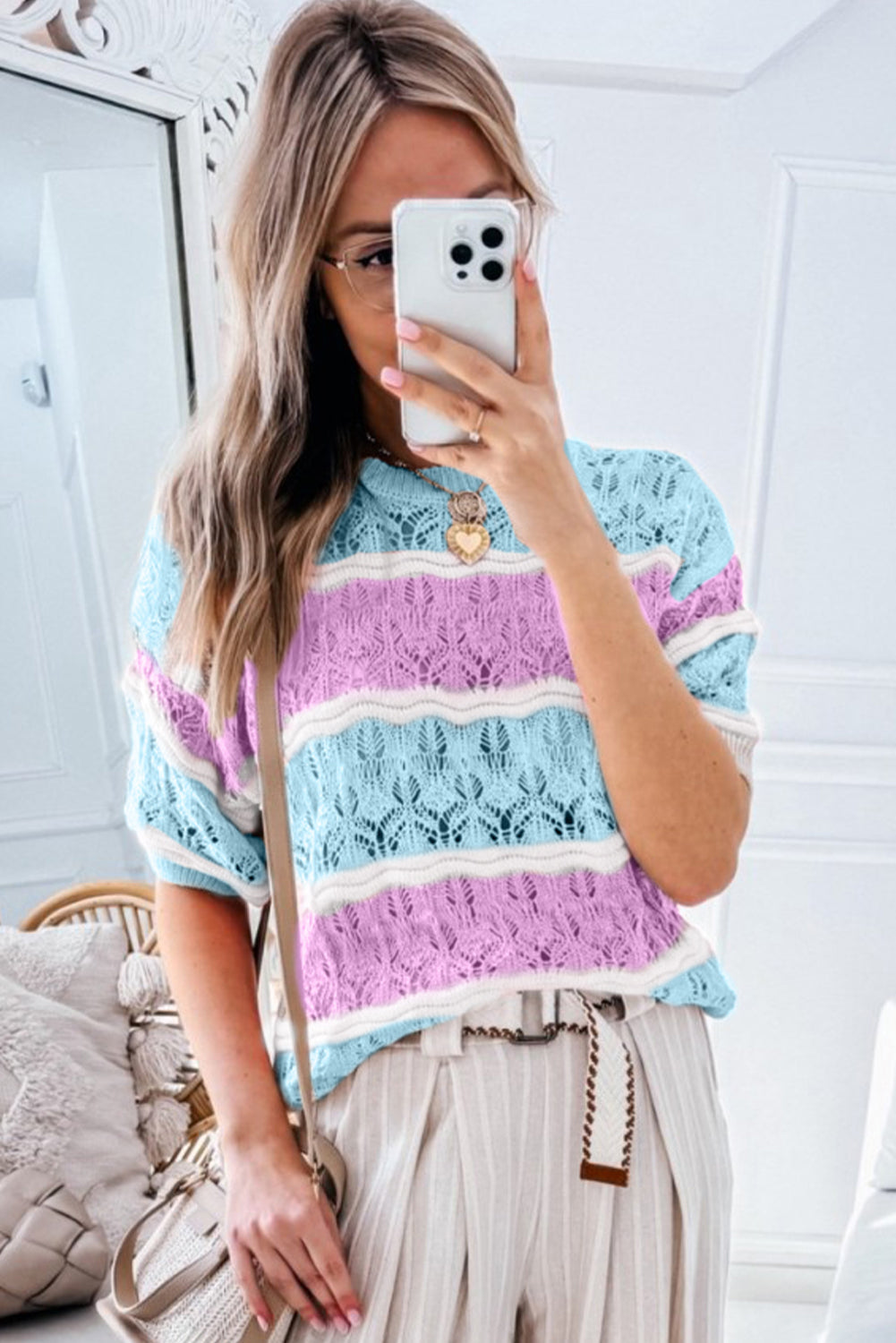 Purple Stripe Colour Block Hollow Out Crochet Half Sleeve Sweater eAura