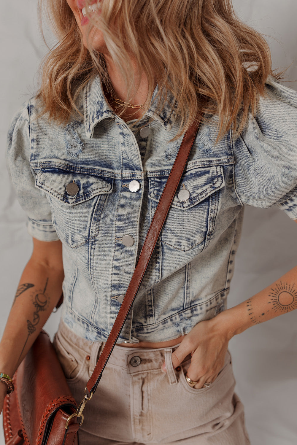 Beau Blue Light Wash Buttoned Chest Pocket Puff Sleeve Denim Jacket eAura