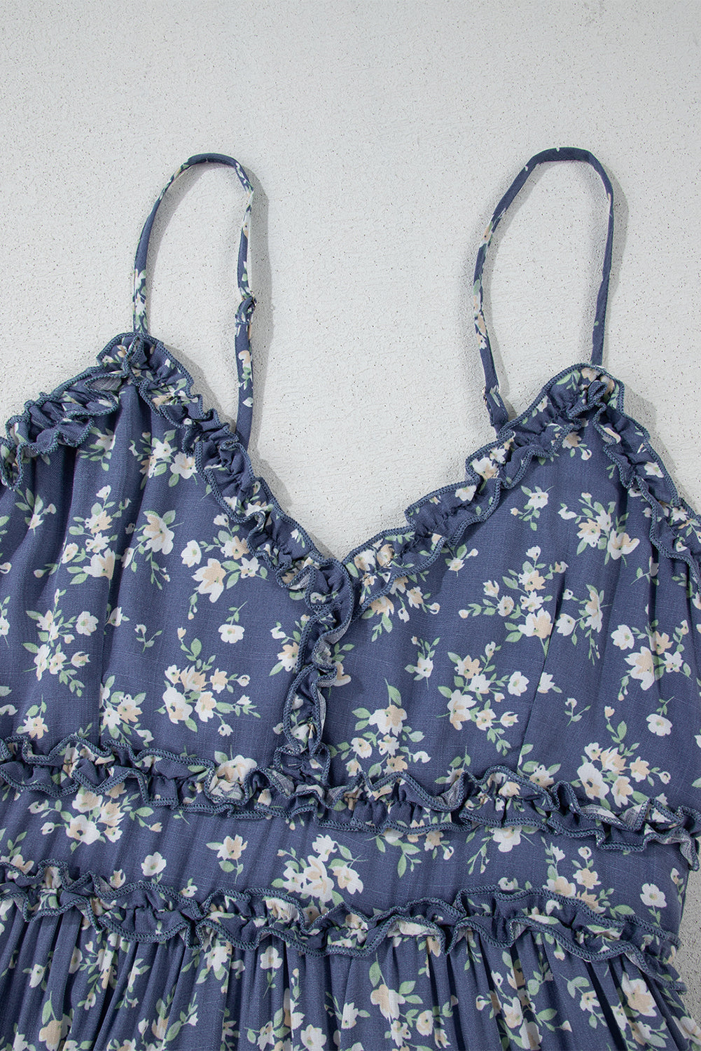 Blue Floral Spaghetti Strap Frilled V Neck Tiered Midi Dress eAura