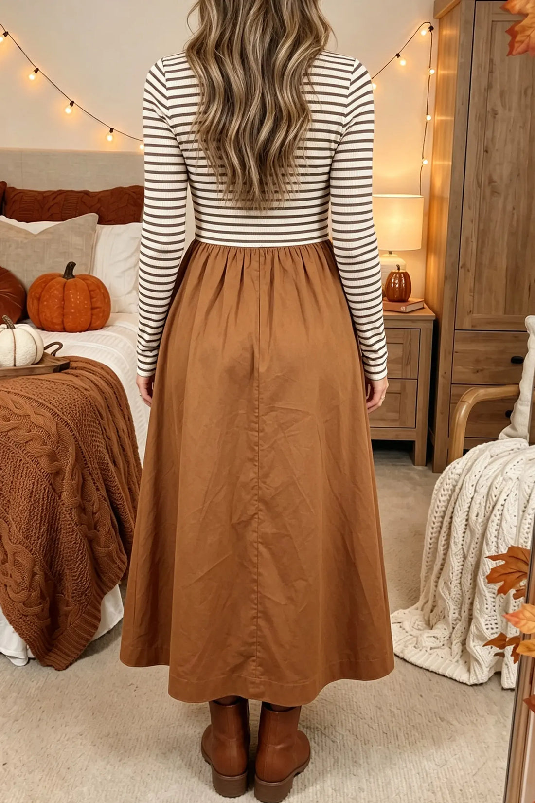 Ribbed Knit Long Sleeve Bodice Contrast Patchwork Flared Dress