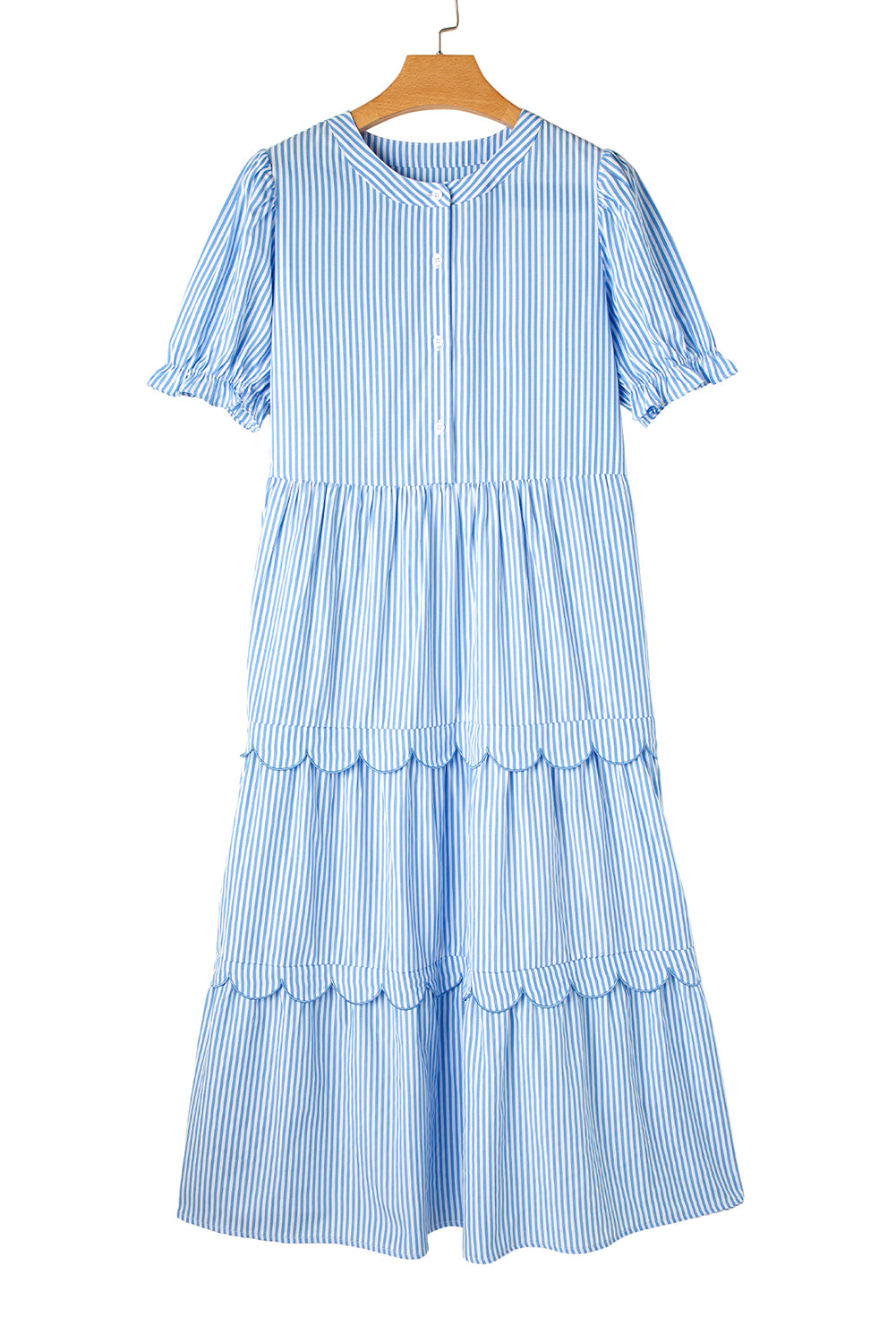 Sky Blue Stripe Bubble Short Sleeve Tiered Scallop Long Dress eAura