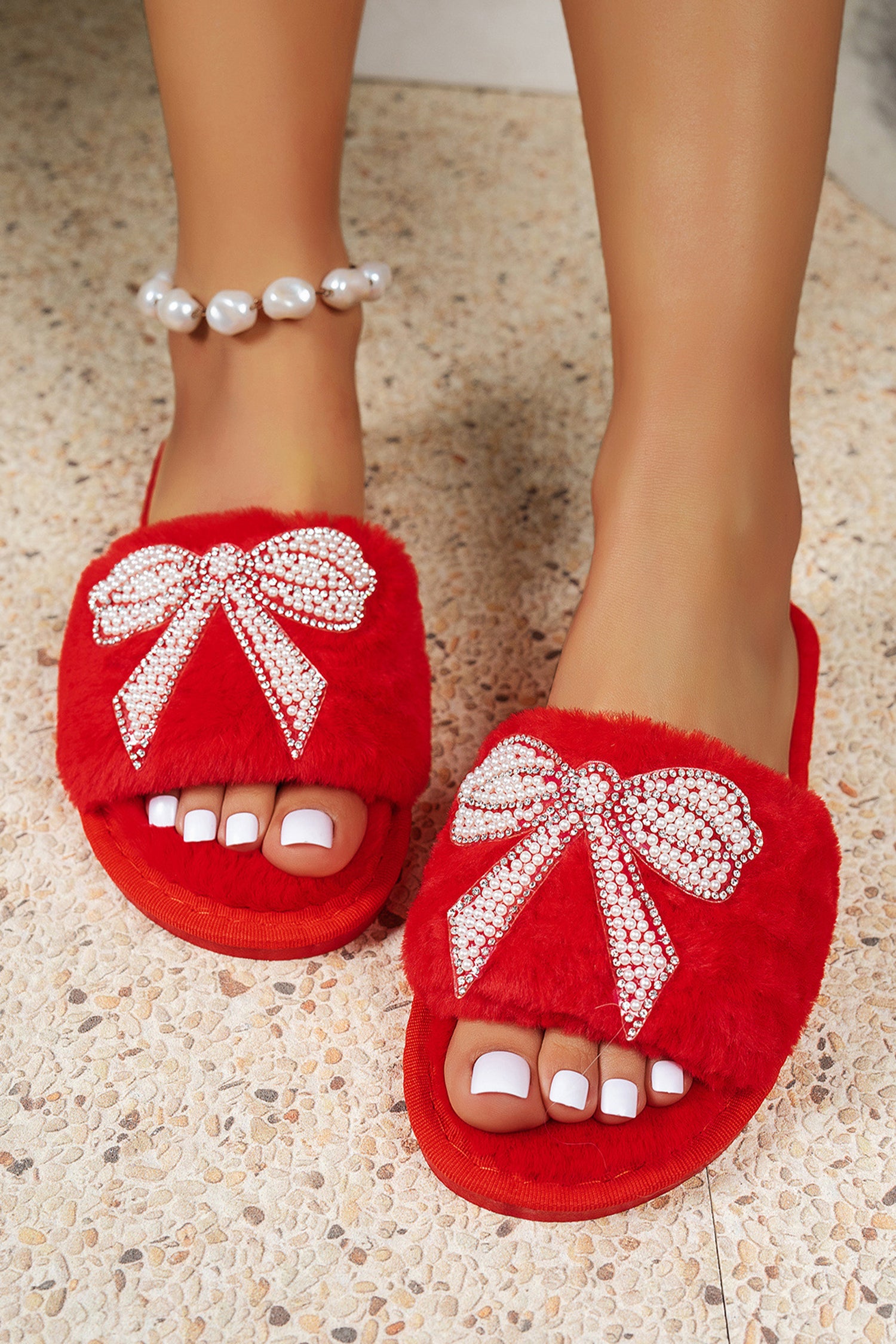 Red Pearl Rhinestone Embellished Bow Open Toe Plush Slippers