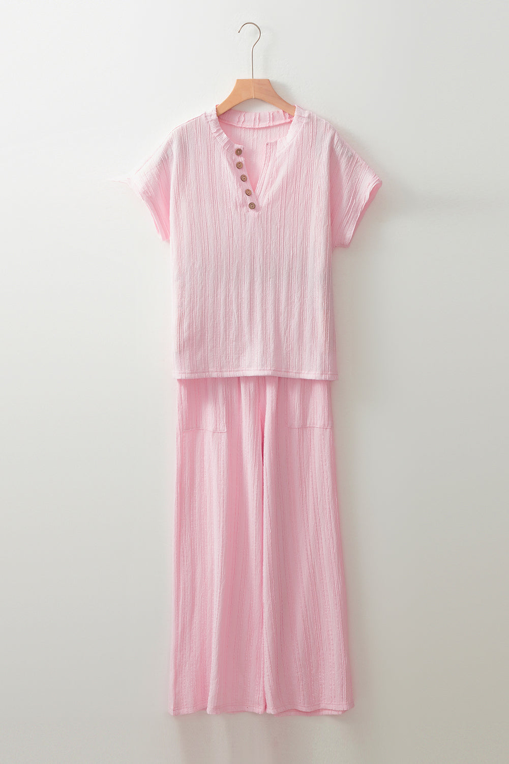 Light Pink Textured Short Sleeve Henley Top and Pocketed Wide Leg Trousers eAura