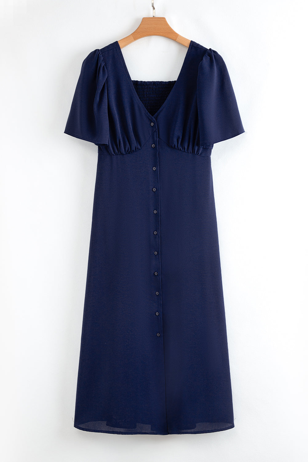 Navy Blue V Neck Buttoned Front Shirred Back Short Sleeve Midi Dress eAura