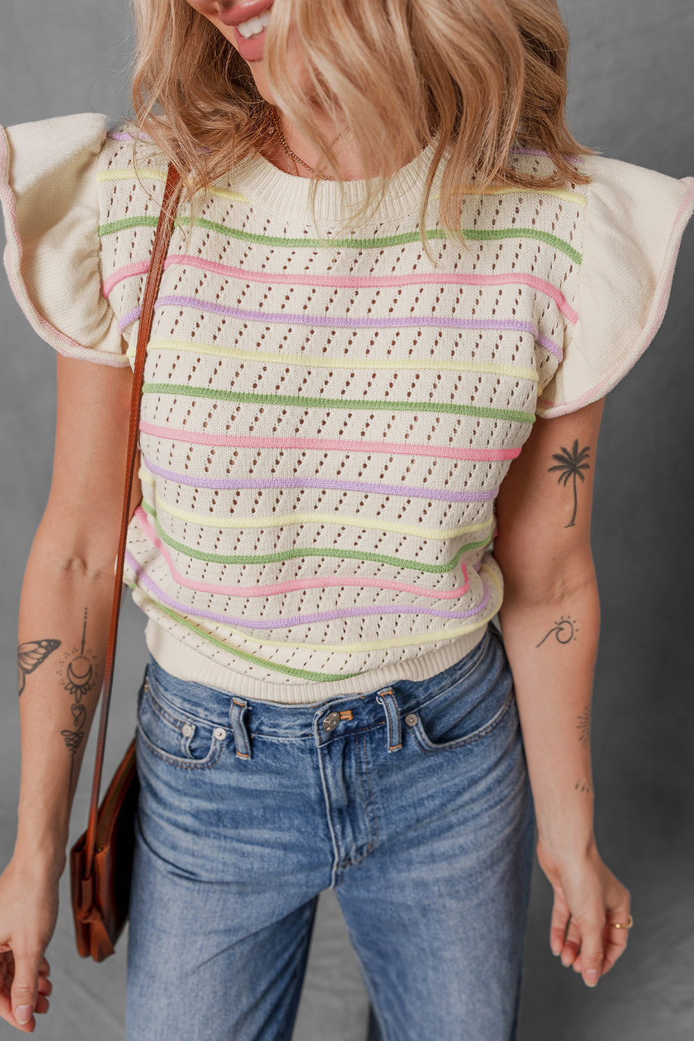 Oatmeal Colourful Striped Eyelet Knit Ruffled Sleeve Sweater T Shirt eAura