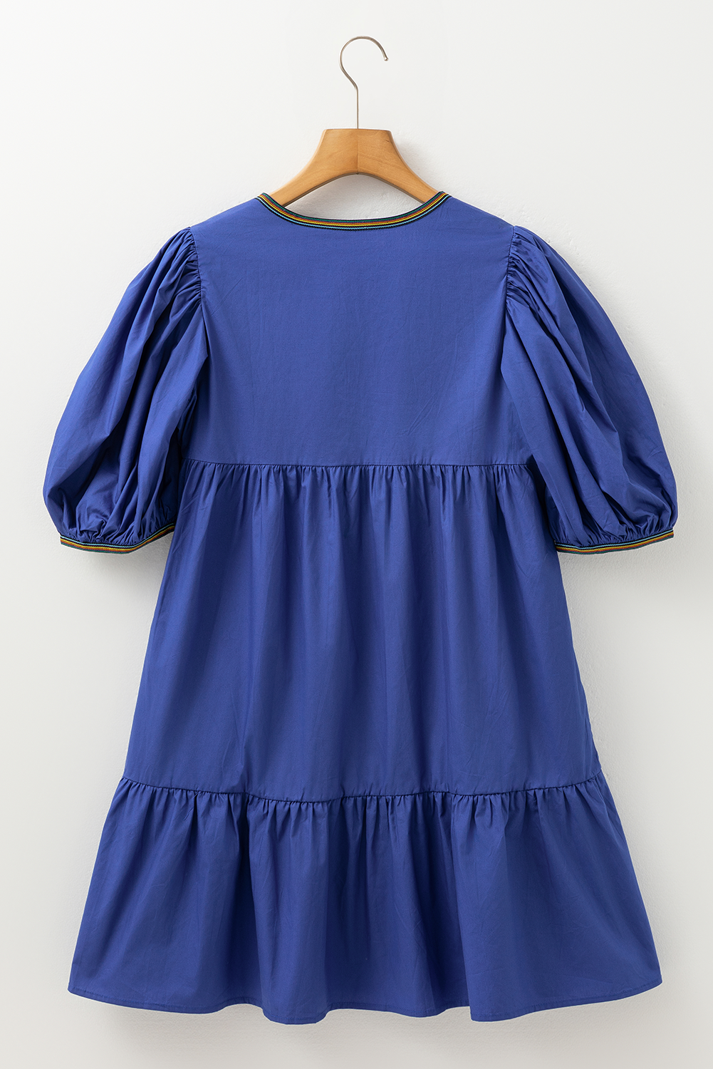 Bluing Colorful Striped Trim Puff Sleeve Pleated Mini Dress BB Fashion Outlet