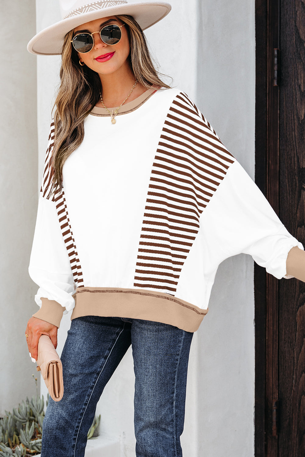 Striped Contrast Stitching Oversized Sweatshirt - eAura