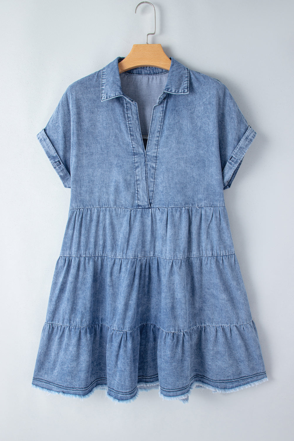 Sky Blue Acid Wash V Neck Tiered Denim Dress eAura